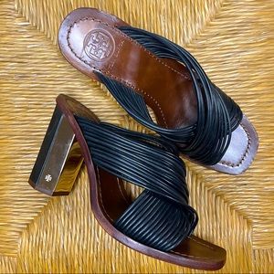 Tory Burch Gold Heeled Strappy Sandals, Black Size 7.5